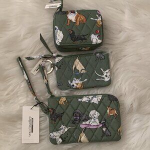 VERA BRADLEY Dog Park Zip ID Case, Pill Case, Wristlet SET (3 PIECES) in Green